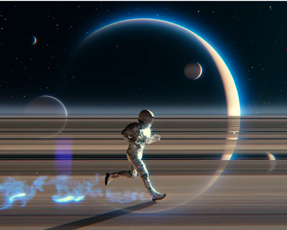 A person running on Saturn's rings